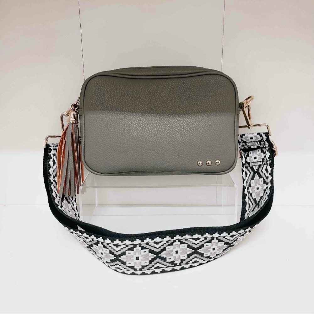 Willow-Grey Crossbody Bag with Patterned Strap